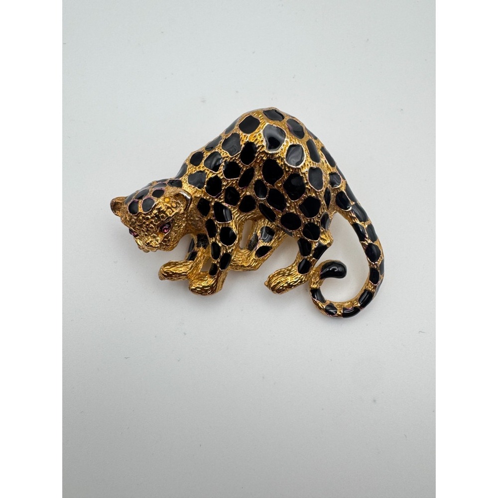 Vintage Park Lane Leopard Brooch Pendant Gold Tone Enamel Rhinestone Cheetah